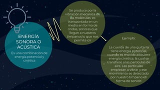 ENERGÍA
SONORA O
ACÚSTICA
Se produce por la
vibración mecánica de
las moléculas, es
transportada en un
medio en forma de
ondas, sonoras que
llegan a nuestros
tímpanos lo que nos
permite oír
La cuerda de una guitarra
tiene energía potencial,
cuando es movida adquiere
energía cinética, la cual se
transfiere a las partículas de
aire. Las partículas
empiezan a vibrar y ese
movimiento es detectado
por nuestro tímpano en
forma de sonido
Es una combinación de
energía potencial y
cinética
Ejemplo:
 