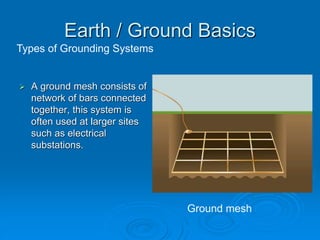 Types of Grounding Systems
Ground mesh
Earth / Ground Basics
 A ground mesh consists of
network of bars connected
together, this system is
often used at larger sites
such as electrical
substations.
 