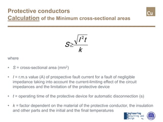 Protective conductors
Calculation of the Minimum cross-sectional areas
where
• S = cross-sectional area (mm2)
• I = r.m.s value (A) of prospective fault current for a fault of negligible
impedance taking into account the current-limiting effect of the circuit
impedances and the limitation of the protective device
• t = operating time of the protective device for automatic disconnection (s)
• k = factor dependent on the material of the protective conductor, the insulation
and other parts and the initial and the final temperatures
k
tI
S
2
≥
 