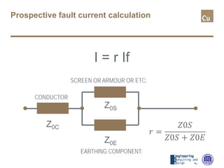 Prospective fault current calculation
I = r If
Z0S
Z0E
Z0C
CONDUCTOR
SCREEN OR ARMOUR OR ETC:
EARTHING COMPONENT:
𝑟𝑟 =
𝑍𝑍𝑍𝑍𝑍
𝑍𝑍𝑍𝑍𝑍 + 𝑍𝑍𝑍𝑍𝑍
 