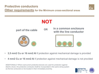 Protective conductors
Other requirements for the Minimum cross-sectional areas
• 2,5 mm2 Cu or 16 mm2 Al if protection against mechanical damage is provided
• 4 mm2 Cu or 16 mm2 Al if protection against mechanical damage is not provided
part of the cable
in a common enclosure
with the line conductor
OR
NOT
ADDITIONALLY When overcurrent protective devices are used for protection against
electric shock, the protective conductor shall be incorporated in the same wiring system
as the live conductors or be located in their immediate proximity.
 