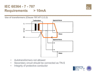 Use of transformers (Clause 707.471.3.3.3)
• Autotransformers not allowed
• Secondary circuit should be connected as TN-S
• Integrity of protective conductor
IEC 60364 - 7 - 707
Requirements > 10mA
 