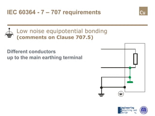 IEC 60364 - 7 – 707 requirements
Low noise equipotential bonding
(comments on Clause 707.5)
Different conductors
up to the main earthing terminal
 