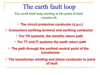 The earth fault loop
The earth fault loop starting at the point of fault
consists of:
• The circuit protective conductor (c.p.c.)
• Consumers earthing terminal and earthing conductor
• For TN systems, the metallic return path
• For TT and IT systems the earth return path
• The path through the earthed neutral point of the
transformer
• The transformer winding and phase conductor to point
of fault
 