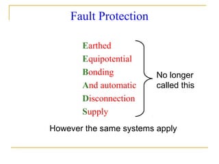 Fault Protection
Earthed
Equipotential
Bonding
And automatic
Disconnection
Supply
No longer
called this
However the same systems apply
 