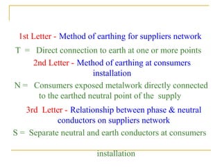 1st Letter - Method of earthing for suppliers network
2nd Letter - Method of earthing at consumers
installation
T = Direct connection to earth at one or more points
N = Consumers exposed metalwork directly connected
to the earthed neutral point of the supply
3rd Letter - Relationship between phase & neutral
conductors on suppliers network
S = Separate neutral and earth conductors at consumers
installation
 