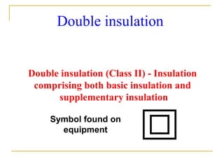 Double insulation
Double insulation (Class II) - Insulation
comprising both basic insulation and
supplementary insulation
Symbol found on
equipment
 