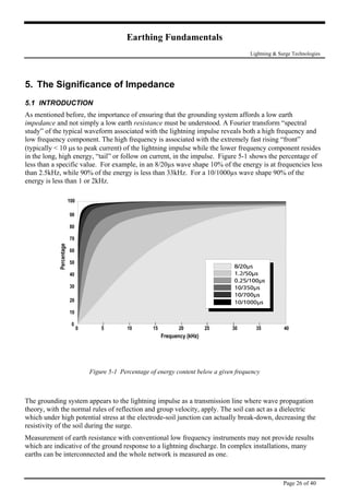 Earthing Fundamentals
Lightning & Surge Technologies
5. The Significance of Impedance
5.1 INTRODUCTION
As mentioned before, the importance of ensuring that the grounding system affords a low earth
impedance and not simply a low earth resistance must be understood. A Fourier transform “spectral
study” of the typical waveform associated with the lightning impulse reveals both a high frequency and
low frequency component. The high frequency is associated with the extremely fast rising “front”
(typically < 10 µs to peak current) of the lightning impulse while the lower frequency component resides
in the long, high energy, “tail” or follow on current, in the impulse. Figure 5-1 shows the percentage of
less than a specific value. For example, in an 8/20µs wave shape 10% of the energy is at frequencies less
than 2.5kHz, while 90% of the energy is less than 33kHz. For a 10/1000µs wave shape 90% of the
energy is less than 1 or 2kHz.
Figure 5-1 Percentage of energy content below a given frequency
The grounding system appears to the lightning impulse as a transmission line where wave propagation
theory, with the normal rules of reflection and group velocity, apply. The soil can act as a dielectric
which under high potential stress at the electrode-soil junction can actually break-down, decreasing the
resistivity of the soil during the surge.
Measurement of earth resistance with conventional low frequency instruments may not provide results
which are indicative of the ground response to a lightning discharge. In complex installations, many
earths can be interconnected and the whole network is measured as one.
Page 26 of 40
 