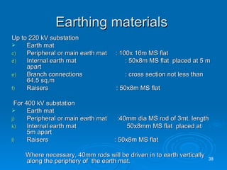 Earthing materials  Up to 220 kV substation Earth mat Peripheral or main earth mat  : 100x 16m MS flat Internal earth mat    : 50x8m MS flat  placed at 5 m apart Branch connections    : cross section not less than 64.5 sq.m Raisers  : 50x8m MS flat  For 400 kV substation Earth mat Peripheral or main earth mat  :40mm dia MS rod of 3mt. length Internal earth mat    50x8mm MS flat  placed at 5m apart  Raisers  : 50x8m MS flat Where necessary, 40mm rods will be driven in to earth vertically along the periphery of  the earth mat. 