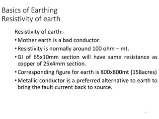 10
Basics of Earthing
Resistivity of earth
Resistivity of earth:-
•Mother earth is a bad conductor.
•Resistivity is normally around 100 ohm – mt.
•GI of 65x10mm section will have same resistance as
copper of 25x4mm section.
•Corresponding figure for earth is 800x800mt (158acres)
•Metallic conductor is a preferred alternative to earth to
bring the fault current back to source.
 