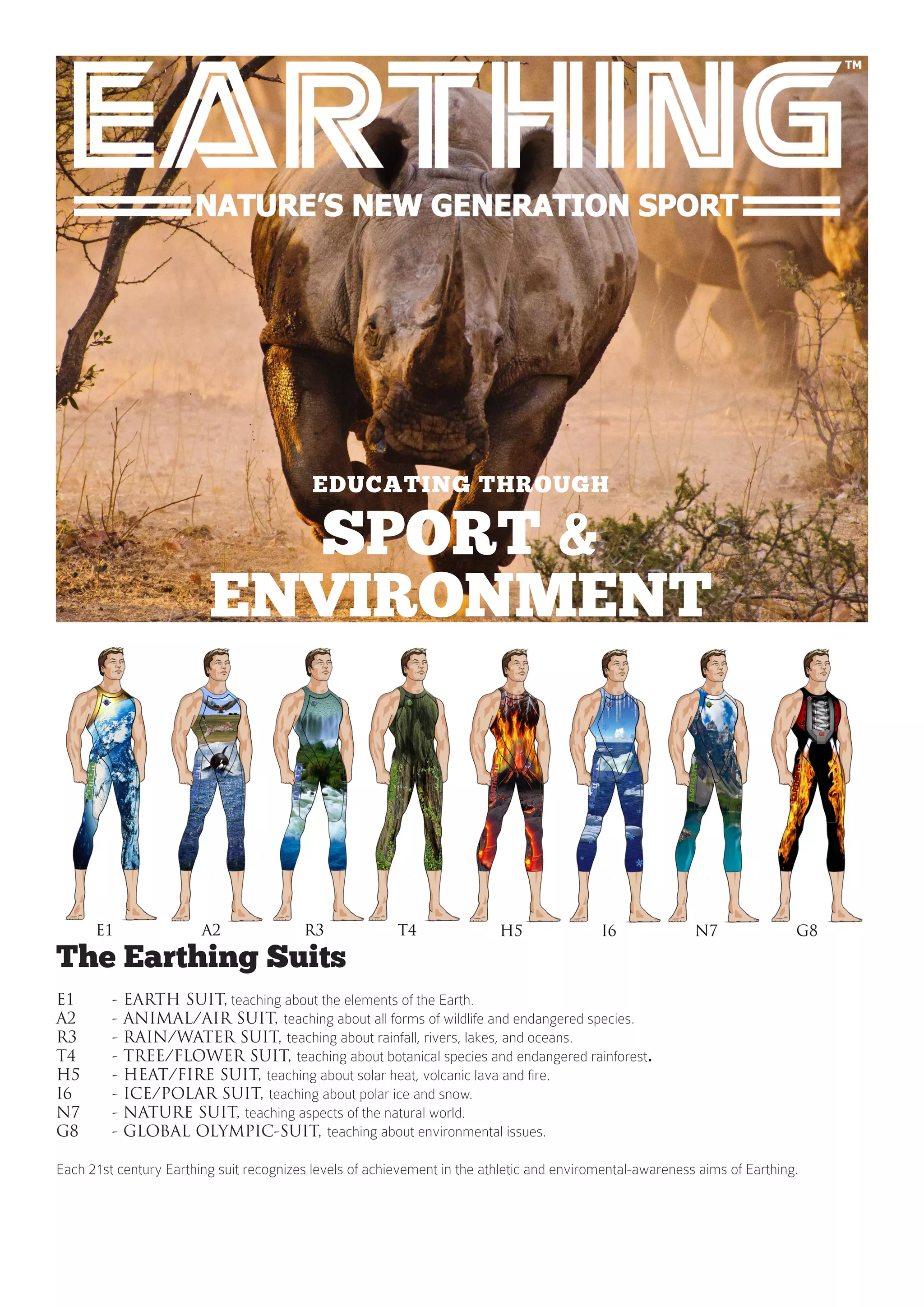 The Earthing Suits
E1 - EARTH SUIT, teaching about the elements of the Earth.
A2 - ANIMAL/AIR SUIT, teaching about all forms of wildlife and endangered species.
R3 - RAIN/WATER SUIT, teaching about rainfall, rivers, lakes, and oceans.
T4 - TREE/FLOWER SUIT, teaching about botanical species and endangered rainforest.
H5 - HEAT/FIRE SUIT, teaching about solar heat, volcanic lava and fire.
I6 - ICE/POLAR SUIT, teaching about polar ice and snow.
N7 - NATURE SUIT, teaching aspects of the natural world.
G8 - GLOBAL OLYMPIC-SUIT, teaching about environmental issues.
Each 21st century Earthing suit recognizes levels of achievement in the athletic and enviromental-awareness aims of Earthing.
EDUCATING THROUGH
SPORT &
ENVIRONMENT