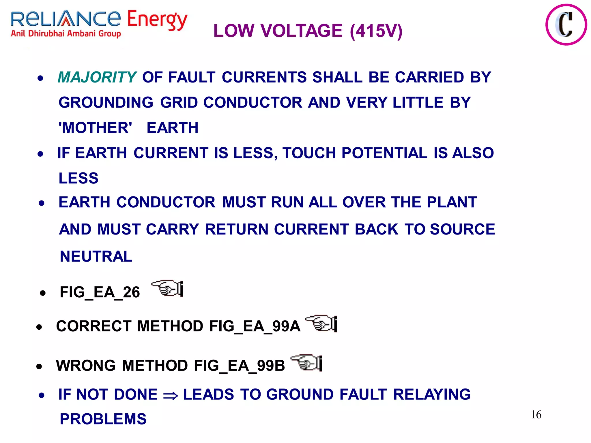 16
• MAJORITY OF FAULT CURRENTS SHALL BE CARRIED BY
GROUNDING GRID CONDUCTOR AND VERY LITTLE BY
'MOTHER' EARTH
• IF EARTH CURRENT IS LESS, TOUCH POTENTIAL IS ALSO
LESS
• FIG_EA_26
• IF NOT DONE  LEADS TO GROUND FAULT RELAYING
PROBLEMS
• EARTH CONDUCTOR MUST RUN ALL OVER THE PLANT
AND MUST CARRY RETURN CURRENT BACK TO SOURCE
NEUTRAL
LOW VOLTAGE (415V)
• CORRECT METHOD FIG_EA_99A
• WRONG METHOD FIG_EA_99B
 