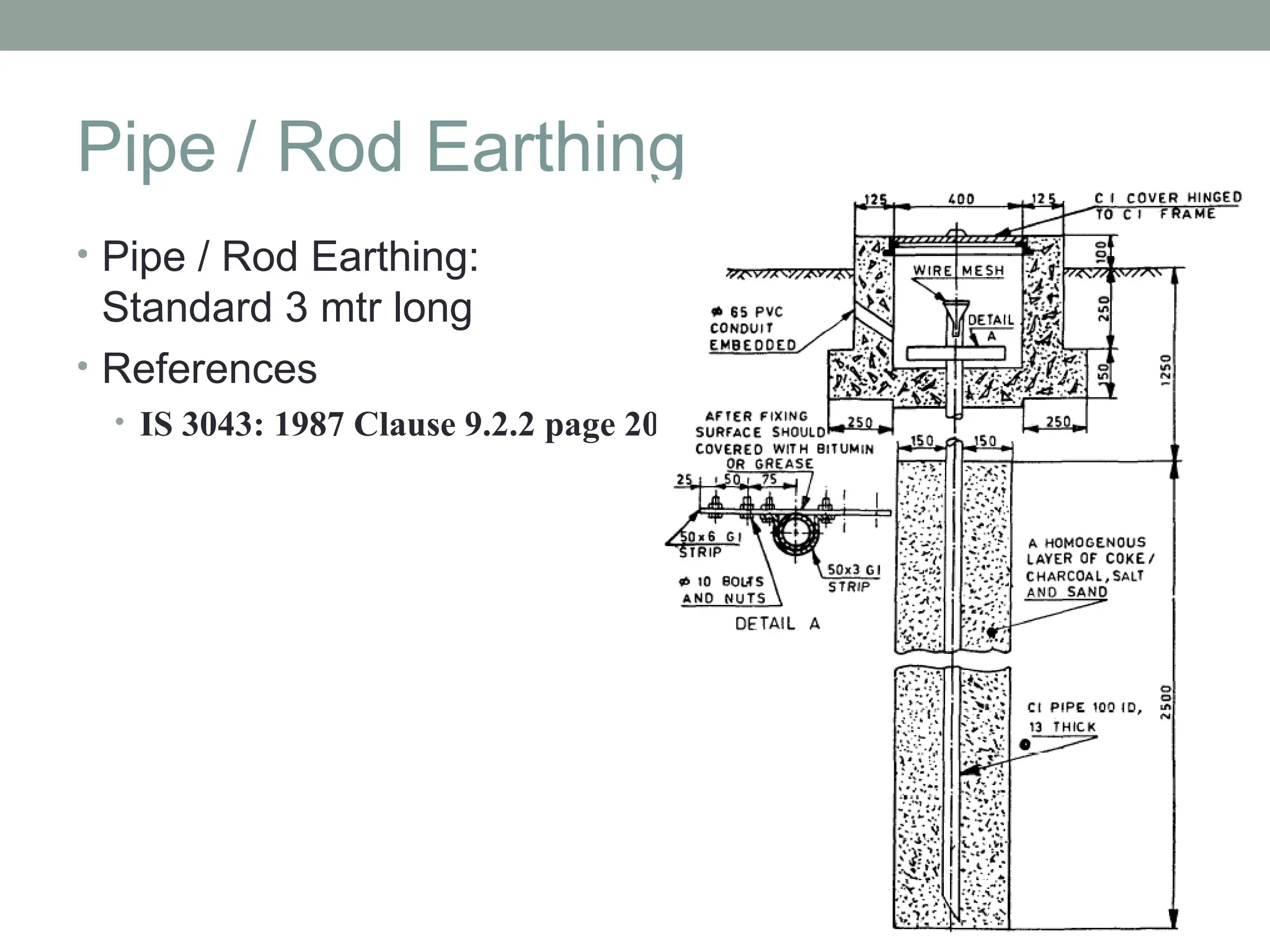 Pipe / Rod Earthing
• Pipe / Rod Earthing:
Standard 3 mtr long
• References
• IS 3043: 1987 Clause 9.2.2 page 20
 