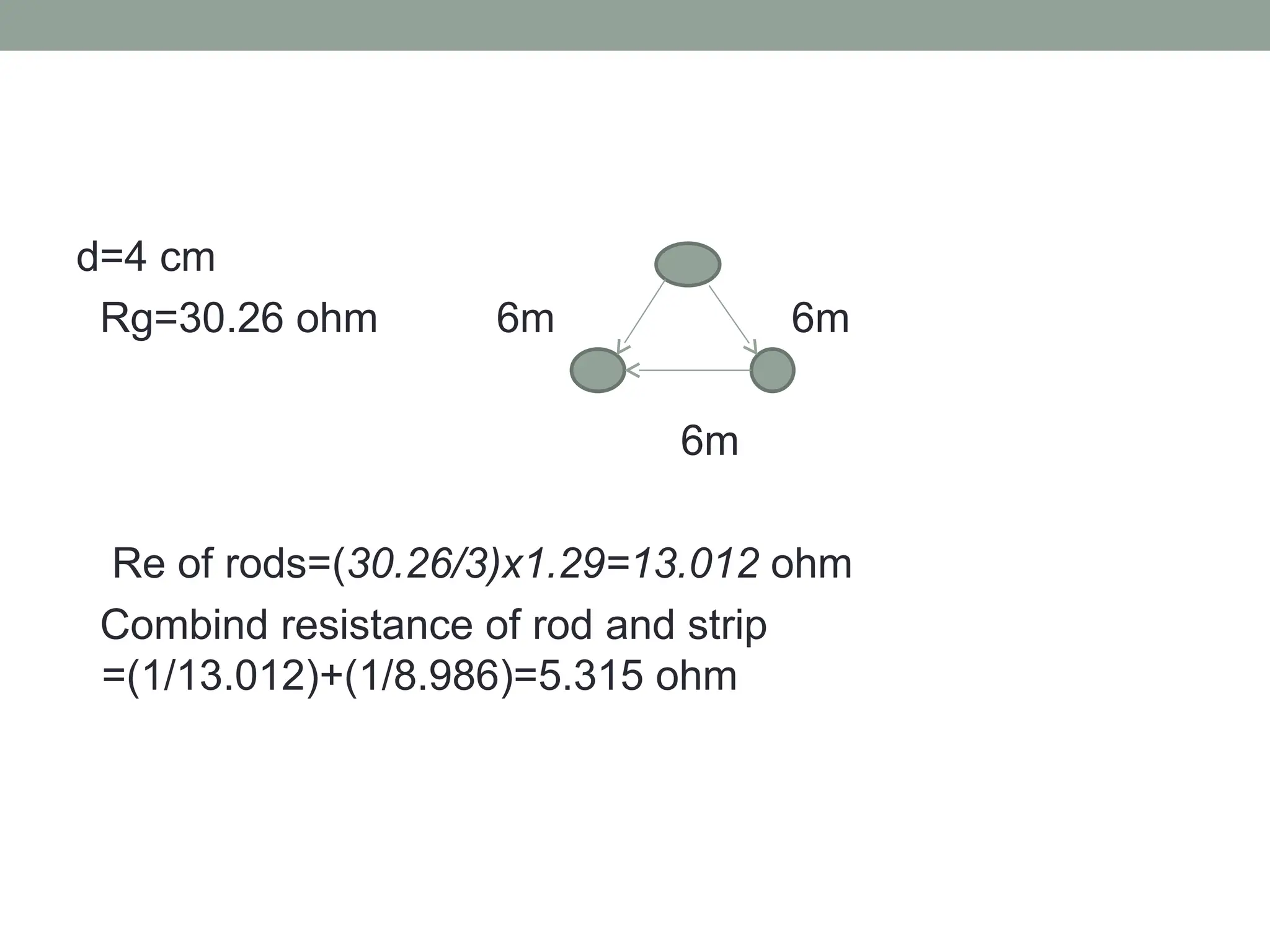 d=4 cm
Rg=30.26 ohm 6m 6m
6m
Re of rods=(30.26/3)x1.29=13.012 ohm
Combind resistance of rod and strip
=(1/13.012)+(1/8.986)=5.315 ohm
 