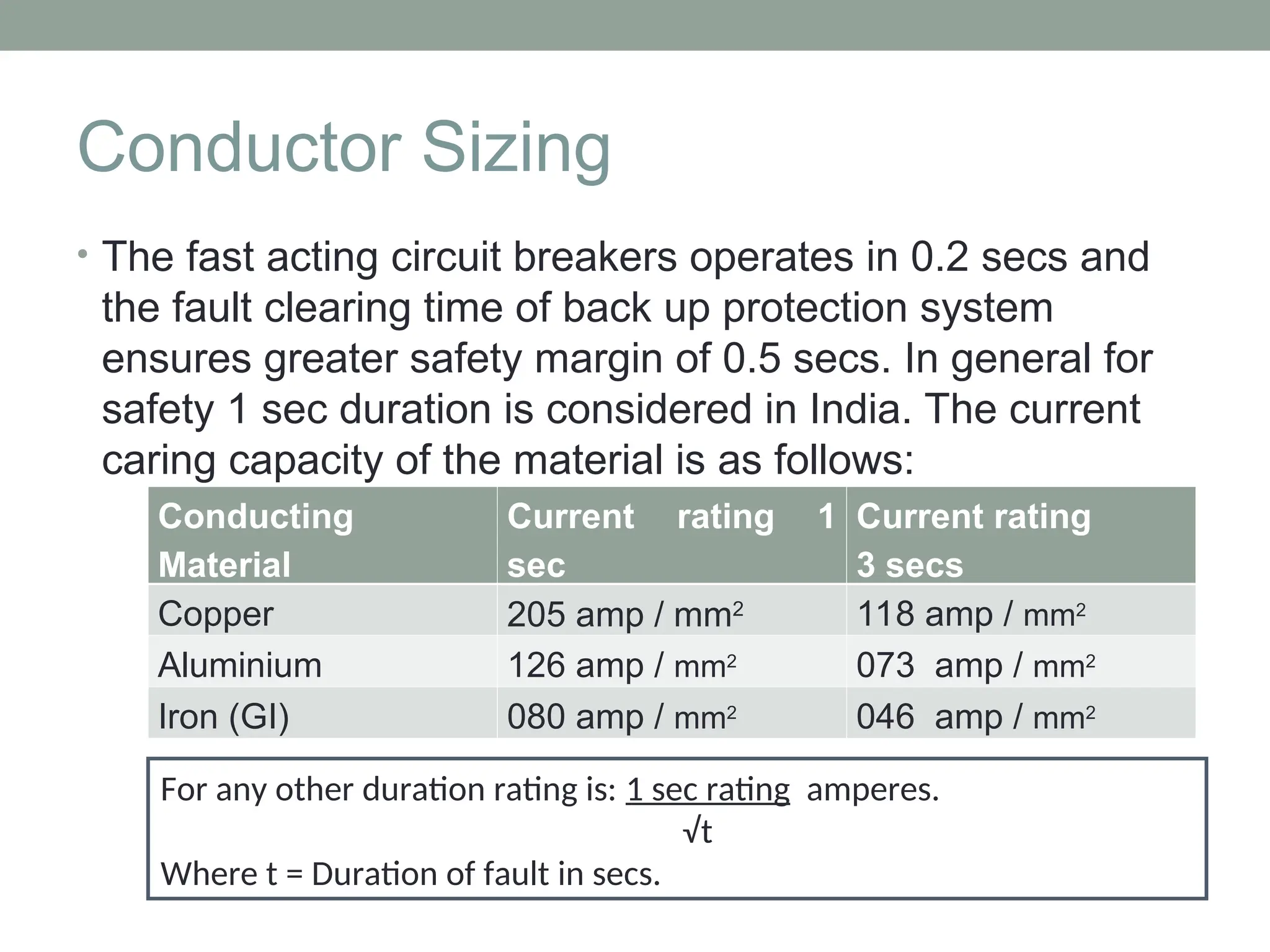 Conductor Sizing
• The fast acting circuit breakers operates in 0.2 secs and
the fault clearing time of back up protection system
ensures greater safety margin of 0.5 secs. In general for
safety 1 sec duration is considered in India. The current
caring capacity of the material is as follows:
Conducting
Material
Current rating 1
sec
Current rating
3 secs
Copper 205 amp / mm2 118 amp / mm2
Aluminium 126 amp / mm2
073 amp / mm2
Iron (GI) 080 amp / mm2
046 amp / mm2
For any other duration rating is: 1 sec rating amperes.
√t
Where t = Duration of fault in secs.
 