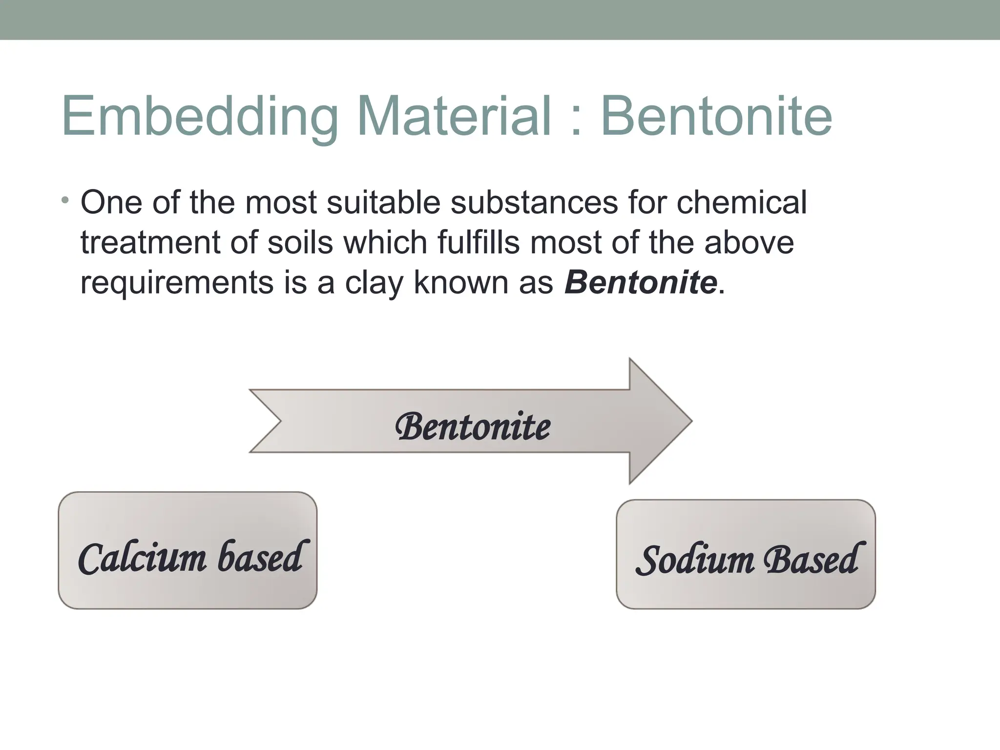 Embedding Material : Bentonite
• One of the most suitable substances for chemical
treatment of soils which fulfills most of the above
requirements is a clay known as Bentonite.
Bentonite
Calcium based Sodium Based
 