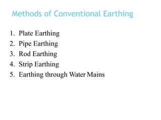Methods of Conventional Earthing
1. Plate Earthing
2. Pipe Earthing
3. Rod Earthing
4. Strip Earthing
5. Earthing through Water Mains
 