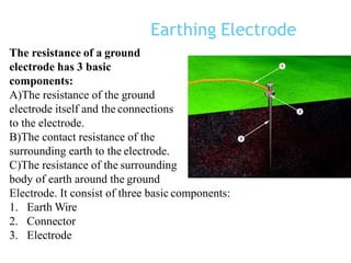 Earthing Electrode
The resistance of a ground
electrode has 3 basic
components:
A)The resistance of the ground
electrode itself and the connections
to the electrode.
B)The contact resistance of the
surrounding earth to the electrode.
C)The resistance of the surrounding
body of earth around the ground
Electrode. It consist of three basic components:
1. Earth Wire
2. Connector
3. Electrode
 