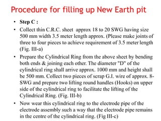 • Step C :
• Collect thin C.R.C. sheet approx 18 to 20 SWG having size
500 mm width 3.5 meter length approx. (Please make joints of
three to four pieces to achieve requirement of 3.5 meter length
(Fig. III-a)
• Prepare the Cylindrical Ring from the above sheet by bending
both ends & joining each other. The diameter "D" of the
cylindrical ring shall arrive approx. 1000 mm and height shall
be 500 mm. Collect two pieces of scrap G.I. wire of approx. 8-
SWG and prepare two lifting round handles (Hooks) on upper
side of the cylindrical ring to facilitate the lifting of the
Cylindrical Ring. (Fig. III-b)
• Now wear this cylindrical ring to the electrode pipe of the
electrode assembly such a way that the electrode pipe remains
in the centre of the cylindrical ring. (Fig III-c)
Procedure for filling up New Earth pit
 