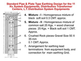 4. Mixture - I : Homogeneous mixture of
black soft soil 0.3 CMT. approx.
5. Mixture - II : Homogeneous mixture of
common salt 25 Kgs. + wood charcoal
pieces 25 Kgs. + Black soft soil 1 CMT.
Approx.
6. Crushed Rock pieces Gravel Size 50 X
35 mm
0.1 CMT. Approx.
7. Arrangement for earthing lead
terminations from equipment body, and
connection for main earthing Grid.
Standard Pipe & Plate Type Earthing Design for the 11
Kv. System Equipments, Distribution Transformer
Centers, L.T. Distribution System Equipments
 