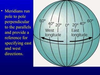 • Meridians run
pole to pole
perpendicular
to the parallels
and provide a
reference for
specifying east
and west
directions.
 