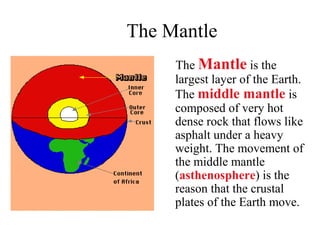 The Mantle
     The Mantle is the
     largest layer of the Earth.
     The middle mantle is
     composed of very hot
     dense rock that flows like
     asphalt under a heavy
     weight. The movement of
     the middle mantle
     (asthenosphere) is the
     reason that the crustal
     plates of the Earth move.
 