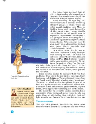 You must have noticed that all
                                                  objects look smaller when seen from a
                                                  distance. How small an aeroplane looks
                                                  when it is flying at a great height!
                                                      While watching the night sky, you
                                                  may notice various patterns formed by
                                                  different groups of stars. These are
                                                  called constellations. Ursa Major or
                                                  Big Bear is one such constellation. One
                                                  of the most easily recognisable
                                                  constellation is the small bear or
                                                  Saptarishi (Sapta-seven, rishi-sages). It
                                                  is a group of seven stars (Figure 1.1)
                                                  that forms a part of the large Ursa Major
                                                  Constellation. Ask someone elder in
                                                  your family or neighbourhood to show
                                                  you more stars, planets and
                                                  constellations in the sky.
                                                      In ancient times, people used to
                                                  determine directions during the night
                                                  with the help of stars. The North star
                                                  indicates the north direction. It is also
                                                  called the Pole Star. It always remains
                                                  in the same position in the sky. We can
                                                  locate the position of the Pole Star with
                                  the help of the Saptarishi. Look at Figure 1.1. You
                                  will notice that, if an imaginary line is drawn joining
                                  the pointer stars and extended further, it will point to
                                  the Pole Star.
                                      Some celestial bodies do not have their own heat
Figure 1.1 : Saptarishi and the   and light. They are lit by the light of the stars. Such
North Star                        bodies are called planets. The word ‘planet’ comes from
                                  the Greek word “Planetai” which means ‘wonderers’.
                                  The earth on which we live is a planet. It gets all its
                                  heat and light from the sun, which is our nearest star.
                                  If we look at the earth from a great distance, say the
           Interesting Fact       moon, it will appear to be shining just as the moon.
       Jupiter, Saturn and            The moon that we see in the sky is a satellite. It is a
       Uranus have rings          companion of our earth and moves round it. Like our
       around them. These         earth, there are eight other planets that get heat and
are belts of small debris.        light from the sun. Some of them have their moons too.
These rings may be
seen from the earth               THE   SOLAR SYSTEM
with the help of powerful         The sun, nine planets, satellites and some other
telescopes.                       celestial bodies known as asteroids and meteoroids

 2                                                                    THE EARTH : OUR HABITAT
 