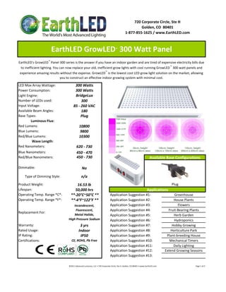 720 Corporate Circle, Ste H
                                                                                                                       Golden, CO  80401
                                                                                                              1‐877‐855‐1625 / www.EarthLED.com



                      EarthLED GrowLED  300 Watt Panel                                           ™




EarthLED's GrowLED™ Panel 300 series is the answer if you have an indoor garden and are tired of expensive electricity bills due 
  to inefficient lighting. You can now replace your old, inefficient grow lights with cool running GrowLED ™ 300 watt panels and 
 experience amazing results without the expense. GrowLED™ is the lowest cost LED grow light solution on the market, allowing 
                               you to construct an effective indoor growing system with minimal cost.

LED Max Array Wattage:                   300 Watts
Power Consumption:                       300 Watts
Light Engine:                            BridgeLux
Number of LEDs used:                         300
Input Voltage:                          85 ‐ 260 VAC
Available Beam Angles:                       180
Base Types:                                  Plug
        Luminous Flux:
Red Lumens:                                    10800
Blue Lumens:                                   9800
Red/Blue Lumens:                               10300
         Wave Length:
Red Nanometers:                             620 ‐ 730
Blue Nanometers:                            450 ‐ 470
Red/Blue Nanometers:                        450 ‐ 730                                                                                           Available Base Configurations

Dimmable:                                          No
    Type of Dimming Style:                        n/a
Product Weight:                         16.53 lb                                                                                                                              Plug
Lifespan:                             50,000 hrs                                                                                            Applications
Operating Temp. Range *C*:          **‐20°C~50°C **                                       Application Suggestion #1:                                                       Greenhouse
Operating Temp. Range *F*:          **‐4°F~122°F **                                       Application Suggestion #2:                                                       House Plants
                                     Incandescent,                                        Application Suggestion #3:                                                         Flowers
                                      Fluorescent,                                        Application Suggestion #4:                                                   Fruit‐Bearing Plants
Replacement For:
                                      Metal Halide,                                       Application Suggestion #5:                                                       Herb Garden
                                  High Pressure Sodium                                    Application Suggestion #6:                                                       Hydroponics
Warranty:                                       3 yrs                                     Application Suggestion #7:                                                      Hobby Growing
Rated Usage:                                   Indoor                                     Application Suggestion #8:                                                     Horticulture Park
IP Rating:                                      IP50                                      Application Suggestion #9:                                                  Plant‐breeding House
Certifications:                      CE, ROHS, Pb Free                                    Application Suggestion #10:                                                   Mechanical Timers
                                                                                          Application Suggestion #11:                                                      Daily Lighting
                                                                                          Application Suggestion #12:                                                Extend Growing Seasons
                                                                                          Application Suggestion #13:

                                  ©2011 Advanced Lumonics, LLC • 720 Corporate Circle, Ste H, Golden, CO 80401 • www.EarthLED.com                                                                                Page 1 of 2
 