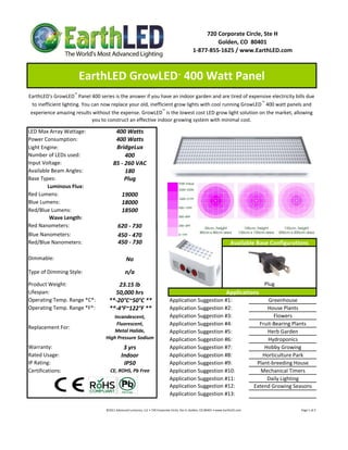 720 Corporate Circle, Ste H
                                                                                                                       Golden, CO  80401
                                                                                                              1‐877‐855‐1625 / www.EarthLED.com



                      EarthLED GrowLED  400 Watt Panel                                           ™




EarthLED's GrowLED™ Panel 400 series is the answer if you have an indoor garden and are tired of expensive electricity bills due 
  to inefficient lighting. You can now replace your old, inefficient grow lights with cool running GrowLED ™ 400 watt panels and 
 experience amazing results without the expense. GrowLED™ is the lowest cost LED grow light solution on the market, allowing 
                               you to construct an effective indoor growing system with minimal cost.

LED Max Array Wattage:                   400 Watts
Power Consumption:                       400 Watts
Light Engine:                            BridgeLux
Number of LEDs used:                         400
Input Voltage:                          85 ‐ 260 VAC
Available Beam Angles:                       180
Base Types:                                  Plug
        Luminous Flux:
Red Lumens:                                    19000
Blue Lumens:                                   18000
Red/Blue Lumens:                               18500
         Wave Length:
Red Nanometers:                             620 ‐ 730
Blue Nanometers:                            450 ‐ 470
Red/Blue Nanometers:                        450 ‐ 730                                                                                           Available Base Configurations

Dimmable:                                          No
Type of Dimming Style:                            n/a
Product Weight:                         23.15 lb                                                                                                                              Plug
Lifespan:                             50,000 hrs                                                                                            Applications
Operating Temp. Range *C*:          **‐20°C~50°C **                                       Application Suggestion #1:                                                       Greenhouse
Operating Temp. Range *F*:          **‐4°F~122°F **                                       Application Suggestion #2:                                                       House Plants
                                     Incandescent,                                        Application Suggestion #3:                                                         Flowers
                                      Fluorescent,                                        Application Suggestion #4:                                                   Fruit‐Bearing Plants
Replacement For:
                                      Metal Halide,                                       Application Suggestion #5:                                                       Herb Garden
                                  High Pressure Sodium                                    Application Suggestion #6:                                                       Hydroponics
Warranty:                                       3 yrs                                     Application Suggestion #7:                                                      Hobby Growing
Rated Usage:                                   Indoor                                     Application Suggestion #8:                                                     Horticulture Park
IP Rating:                                      IP50                                      Application Suggestion #9:                                                  Plant‐breeding House
Certifications:                      CE, ROHS, Pb Free                                    Application Suggestion #10:                                                   Mechanical Timers
                                                                                          Application Suggestion #11:                                                      Daily Lighting
                                                                                          Application Suggestion #12:                                                Extend Growing Seasons
                                                                                          Application Suggestion #13:

                                  ©2011 Advanced Lumonics, LLC • 720 Corporate Circle, Ste H, Golden, CO 80401 • www.EarthLED.com                                                                                Page 1 of 2
 