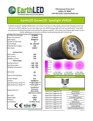 720 Corporate Circle, Ste H
                                                                                                                       Golden, CO  80401
                                                                                                              1‐877‐855‐1625 / www.EarthLED.com



                     EarthLED GrowLED  Spotlight PAR20                                         ™




 EarthLED's GrowLED™ Spotlight PAR20 series is the answer if you have an indoor garden and are tired of expensive electricity 
 bills due to inefficient lighting. You can now replace your old, inefficient grow lights with cool running GrowLED ™ grow lights 
and experience amazing plant growth results without the expense. GrowLED ™ is the lowest cost LED grow light solution on the 
                      market, allowing you to construct an effective indoor growing setup with minimal cost.

LED Max Array Wattage:                    12 Watts
Power Consumption:                        12 Watts
Light Engine:                            BridgeLux
Number of LEDs used:                          12
Input Voltage:                          85 ‐ 260 VAC
Available Beam Angles:                       180
Base Types:                                E26/27

       Luminous Flux:
Red Lumens:                                       620 
Blue Lumens:                                      520
Red/Blue Lumens:                                  570
        Wave Length:
Red Nanometers:                             620 ‐ 730
Blue Nanometers:                            450 ‐ 470
Red/Blue Nanometers:                        450 ‐ 730

Dimmable:                                          No
Type of Dimming Style:                            n/a
                                                                                                                        Available Base Configurations
Product Weight:                           8 oz
Lifespan:                             50,000 hrs
Operating Temp. Range *C*:          **‐20°C~50°C **   
Operating Temp. Range *F*:          **‐4°F~122°F **   
                                     Incandescent,                                                                                                 E26/27
                                      Fluorescent,                                                                                          Applications
Replacement For:
                                      Metal Halide,                                       Application Suggestion #1:                                                       Greenhouse
                                  High Pressure Sodium                                    Application Suggestion #2:                                                      House Plants
Warranty:                                       3 yrs                                     Application Suggestion #3:                                                         Flowers
Rated Usage:                                   Indoor                                     Application Suggestion #4:                                                   Fruit‐Bearing Plants
IP Rating:                                      IP50                                      Application Suggestion #5:                                                          Herbs
Certifications:                      CE, ROHS, Pb Free                                    Application Suggestion #6:                                                      Hydroponics
                                                                                          Application Suggestion #7:                                                    Mechanical Timers
                                                                                          Application Suggestion #8:                                                      Daily Lighting
                                                                                          Application Suggestion #9:                                                 Extend Growing Seasons
                                  ©2011 Advanced Lumonics, LLC • 720 Corporate Circle, Ste H, Golden, CO 80401 • www.EarthLED.com                                                                                Page 1 of 2
 