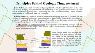  James Hutton, a Scottish physician and geologist (1726-1797), thought the surface of the earth
was an ever-changing environment and “the past history of our globe must be explained by what
can be seen to be happening now.” This theory was called “uniformitarianism,” which was later
catch-phrased as “the present is the key to the past.”
 William Smith was a surveyor who was in charge of mapping a large part of England. He was
the first to understand that certain rock units could be identified by the particular assemblages of
fossils they contained. Using this information, he was able to correlate strata with the same fossils
for many miles, giving rise to the principle of biologic succession.
 The principle of biologic succession: Each age in the earth’s history is unique such that
fossil remains will be unique. This permits vertical and horizontal correlation of the rock
layers based on fossil species.
Even though these two outcrops are
separated by a large distance, the same
rock layer can be correlated with the
other because of the presence of the
same shark teeth. This lets scientists
know that the two layer were deposited
at the same time, even if the surrounding
rocks look dissimilar from each other.
300 km
Rock Outcrop 1
Rock Outcrop 2
Principles Behind Geologic Time, continued
9
Table of Contents
 