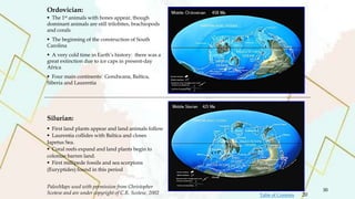 Ordovician:
Silurian:
 The 1st animals with bones appear, though
dominant animals are still trilobites, brachiopods
and corals
 The beginning of the construction of South
Carolina
 A very cold time in Earth’s history: there was a
great extinction due to ice caps in present-day
Africa
 Four main continents: Gondwana, Baltica,
Siberia and Laurentia
 First land plants appear and land animals follow
 Laurentia collides with Baltica and closes
Iapetus Sea.
 Coral reefs expand and land plants begin to
colonize barren land.
 First millipede fossils and sea scorpions
(Euryptides) found in this period
PaleoMaps used with permission from Christopher
Scotese and are under copyright of C.R. Scotese, 2002
30
20
Table of Contents
 
