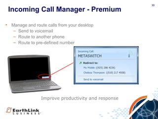 30
Incoming Call Manager - Premium
• Manage and route calls from your desktop
– Send to voicemail
– Route to another phone
– Route to pre-defined number
Improve productivity and response
30
 