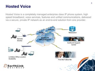 5
Hosted Voice
Hosted Voice is a completely managed enterprise class IP phone system, high
speed broadband, voice services, features and unified communications, delivered
via a secure, private IP network as an end-to-end solution from one provider.
Limitless Office Location
Scalability
Remote
Worker
EarthLink Support
Center
Find Me Follow Me
Metaswitch
 