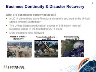 6
Business Continuity & Disaster Recovery
What are businesses concerned about?
• In 2011 alone there were 79 natural disasters declared in the United
States through September
• The United States produced an excess of $18 billion insured
business losses in the first half of 2011 alone
• More disasters have followed
Tornados in Alabama –
April 2011
Hurricane Sandy –
November 2012
Floods in Indiana –
March 2011
 