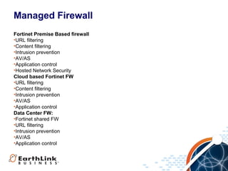 Managed Firewall
Fortinet Premise Based firewall
•URL filtering
•Content filtering
•Intrusion prevention
•AV/AS
•Application control
•Hosted Network Security
Cloud based Fortinet FW
•URL filtering
•Content filtering
•Intrusion prevention
•AV/AS
•Application control
Data Center FW:
•Fortinet shared FW
•URL filtering
•Intrusion prevention
•AV/AS
•Application control

 