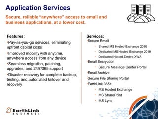 Application Services
Secure, reliable “anywhere” access to email and
business applications, at a lower cost.
Features:
•Pay-as-you-go services, eliminating
upfront capital costs
•Improved mobility with anytime,
anywhere access from any device
•Seamless migration, patching,
upgrades, and 24/7/365 support
•Disaster recovery for complete backup,
testing, and automated failover and
recovery

Services:
•Secure Email
• Shared MS Hosted Exchange 2010
• Dedicated MS Hosted Exchange 2010
• Dedicated Hosted Zimbra XWA

•Email Encryption
• Secure Message Center Portal
•Email Archive
•Secure File Sharing Portal
•EarthLink 365+
• MS Hosted Exchange
• MS SharePoint
• MS Lync

 