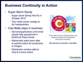 Business Continuity in Action
• Super Storm Sandy
– Super storm Sandy hits NJ in
October 2012
– Two–week power outage at
NJ headquarters
• Ciao Bella stays in business
– Servers/applications and email
stayed fully operational in
EarthLink Data Center
– Nationwide sales team able
to submit orders for production
in Oregon
– Distribution centers able to
ship & invoice orders
“If we didn’t move to cloud services, we
would have been out of business
during the hurricane.”
Bob Serchuk, Controller, Ciao Bella
 