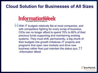 Cloud Solution for Businesses of All Sizes
With IT budgets relatively flat at most companies, and
with competitors fighting for every scrap of business,
CIOs can no longer afford to spend 70% to 80% of their
precious funds supporting and maintaining existing
systems. They must shift, permanently, a big chunk of
their budgets into growth initiatives–IT projects and
programs that open new markets and drive new
business rather than just maintain the status quo.
-Information Week
“
”
 