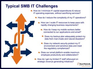 Typical SMB IT Challenges
How do I minimize IT capital expenditures & reduce
IT operating expenses, without sacrificing services?
How do I reduce the complexity of my IT operations?
How can I scale IT resources to keep pace with
rapidly changing business requirements?
How do I keep my mobile workers better
connected to our applications and email?
Does my backup plan adequately protect my
data from man-made and natural disasters?
Does our email platform enable maximum
employee productivity and collaboration?
How do I get my limited IT staff refocused on
strategic revenue generating initiatives?
Does my network security protect my IT
environment and sensitive data and meet
the regulatory compliances?
 