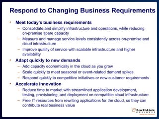 Respond to Changing Business Requirements
• Meet today’s business requirements
– Consolidate and simplify infrastructure and operations, while reducing
on-premise spare capacity
– Measure and manage service levels consistently across on-premise and
cloud infrastructure
– Improve quality of service with scalable infrastructure and higher
availability
• Adapt quickly to new demands
– Add capacity economically in the cloud as you grow
– Scale quickly to meet seasonal or event-related demand spikes
– Respond quickly to competitive initiatives or new customer requirements
• Accelerate innovation
– Reduce time to market with streamlined application development,
testing, provisioning, and deployment on compatible cloud infrastructure
– Free IT resources from rewriting applications for the cloud, so they can
contribute real business value
 