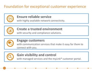 Foundation for exceptional customer experience 
7 
Ensure reliable service 
with highly available network connectivity. 
Create a trusted environment 
with security and compliance solutions. 
Engage customers 
with communication services that make it easy for them to 
connect with you. 
Gain visibility and control 
with managed services and the myLink® customer portal. 
 