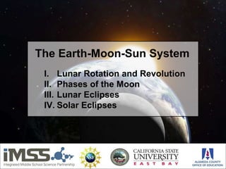 I. Lunar Rotation and Revolution
II. Phases of the Moon
III. Lunar Eclipses
IV. Solar Eclipses
The Earth-Moon-Sun System
 