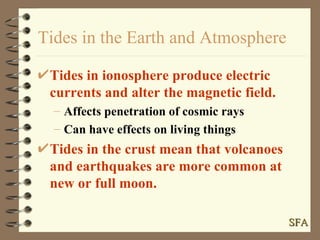 Tides in the Earth and Atmosphere Tides in ionosphere produce electric currents and alter the magnetic field. Affects penetration of cosmic rays Can have effects on living things Tides in the crust mean that volcanoes and earthquakes are more common at new or full moon. SFA 