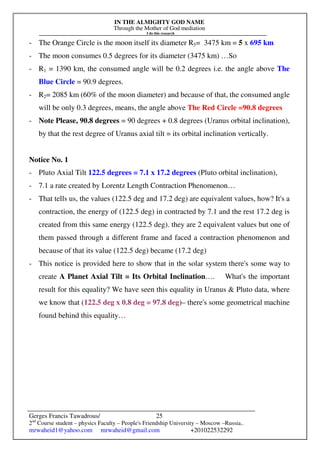 IN THE ALMIGHTY GOD NAME
Through the Mother of God mediation
I do this research
Gerges Francis Tawadrous/
2nd
Course student – physics Faculty – People's Friendship University – Moscow –Russia..
mrwaheid1@yahoo.com mrwaheid@gmail.com +201022532292
25
- The Orange Circle is the moon itself its diameter R5= 3475 km = 5 x 695 km
- The moon consumes 0.5 degrees for its diameter (3475 km) …So
- R1 = 1390 km, the consumed angle will be 0.2 degrees i.e. the angle above The
Blue Circle = 90.9 degrees.
- R2= 2085 km (60% of the moon diameter) and because of that, the consumed angle
will be only 0.3 degrees, means, the angle above The Red Circle =90.8 degrees
- Note Please, 90.8 degrees = 90 degrees + 0.8 degrees (Uranus orbital inclination),
by that the rest degree of Uranus axial tilt = its orbital inclination vertically.
Notice No. 1
- Pluto Axial Tilt 122.5 degrees = 7.1 x 17.2 degrees (Pluto orbital inclination),
- 7.1 a rate created by Lorentz Length Contraction Phenomenon…
- That tells us, the values (122.5 deg and 17.2 deg) are equivalent values, how? It's a
contraction, the energy of (122.5 deg) in contracted by 7.1 and the rest 17.2 deg is
created from this same energy (122.5 deg). they are 2 equivalent values but one of
them passed through a different frame and faced a contraction phenomenon and
because of that its value (122.5 deg) became (17.2 deg)
- This notice is provided here to show that in the solar system there's some way to
create A Planet Axial Tilt = Its Orbital Inclination…. What's the important
result for this equality? We have seen this equality in Uranus & Pluto data, where
we know that (122.5 deg x 0.8 deg = 97.8 deg)– there's some geometrical machine
found behind this equality…
 
