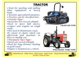 Used for pushing and pulling
other equipments or heavy
loads.
Used for agricultural purposes.
Tractors can be classified into -
Crawler Type :
TRACTOR
Crawler Type :
Speed does not exceed 12kmph.•
Used to move bull dozers,
scrapers and wagons on rough
roads.
Not used in bituminous road..
It consist of chains which can
effectively pull machines in
loose or muddy soil.
CRAWLER TYPE
-Mehul Hotwani -Mohd. Faizan -Richa Verma -Sukirt Verma -Vikash Chandra Sharma
B.Arch. 3rd Year (6th Sem.)
loose or muddy soil.
Pneumatic Tyre Type :
Speed can exceed 50kmph.
Used for long distance hauling
in good roads.
Engine is mounted on 4 wheels. PNEUMATIC TYRE TYPE
 