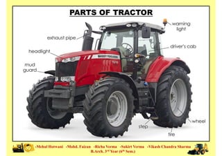PARTS OF TRACTOR
-Mehul Hotwani -Mohd. Faizan -Richa Verma -Sukirt Verma -Vikash Chandra Sharma
B.Arch. 3rd Year (6th Sem.)
 