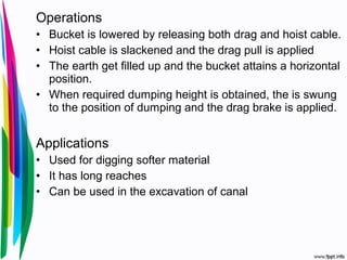 Operations
• Bucket is lowered by releasing both drag and hoist cable.
• Hoist cable is slackened and the drag pull is applied
• The earth get filled up and the bucket attains a horizontal
position.
• When required dumping height is obtained, the is swung
to the position of dumping and the drag brake is applied.
Applications
• Used for digging softer material
• It has long reaches
• Can be used in the excavation of canal
 