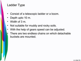 Ladder Type
• Consist of a telescopic ladder or a boom.
• Depth upto 10 m.
• Width of 3 m.
• Not suitable for muddy and rocky soils.
• With the help of gears speed can be adjusted.
• There are two endless chains on which detachable
buckets are mounted.
 