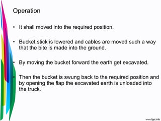 Operation
• It shall moved into the required position.
• Bucket stick is lowered and cables are moved such a way
that the bite is made into the ground.
• By moving the bucket forward the earth get excavated.
• Then the bucket is swung back to the required position and
by opening the flap the excavated earth is unloaded into
the truck.
 